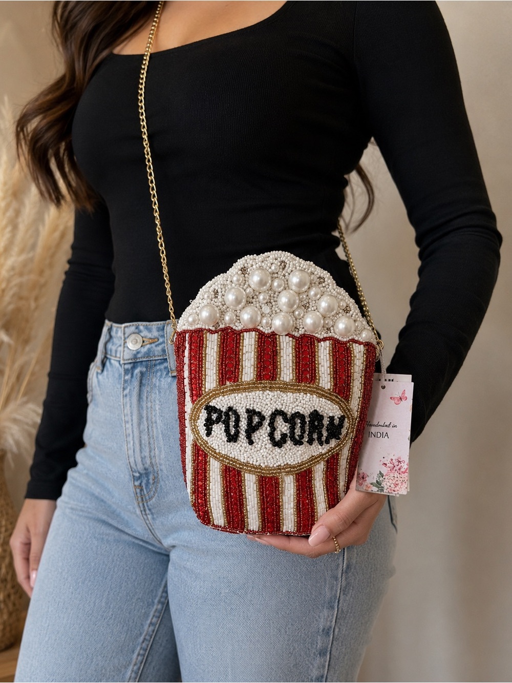 Viral Hand Beaded Popcorn Crossbody Bag Pearl Popcorn Movie Theater Novelty Bag